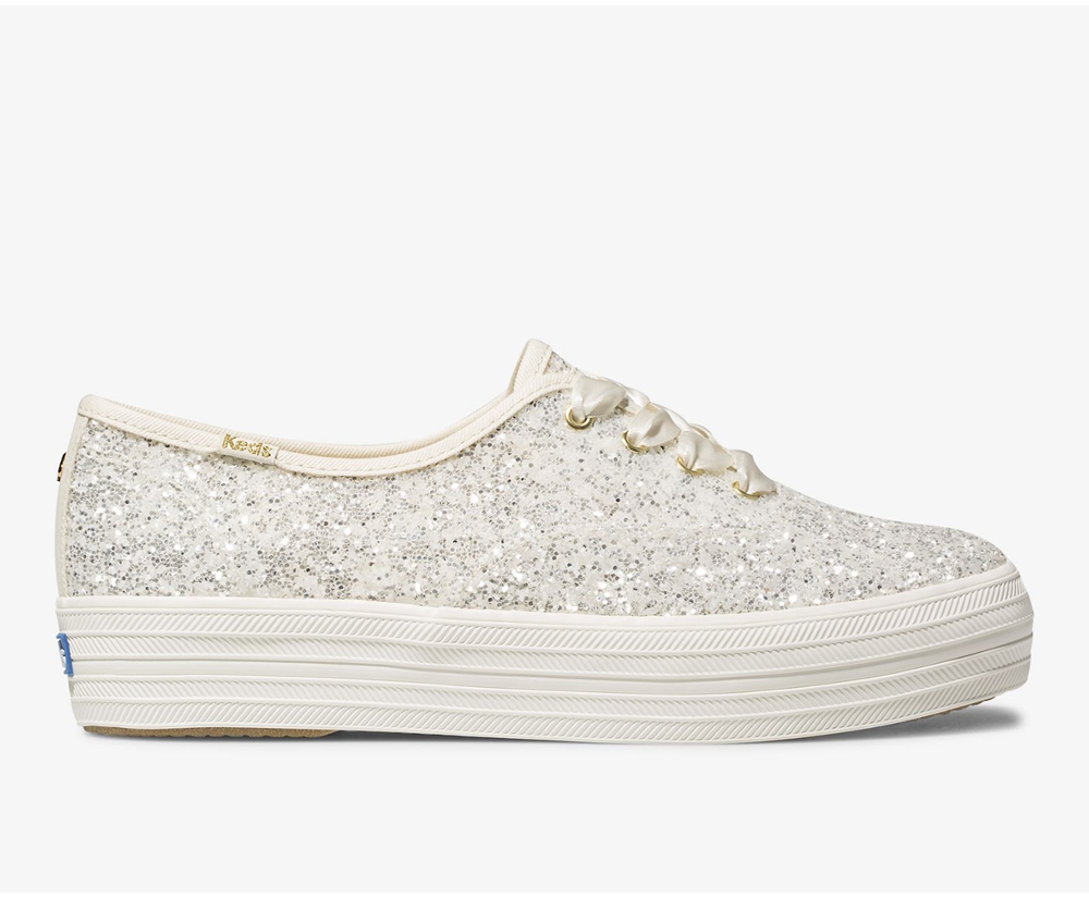 Womens Keds Sneakers - Kate Spade new york Triple Glitter - White - 5918-ZNVFK